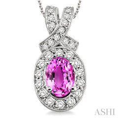 7x5 MM Oval Cut Pink Sapphire and 5/8 ctw Round Cut Diamond Precious Pendant in 14K White Gold with chain