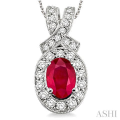 7x5 MM Oval Cut Ruby and 5/8 ctw Round Cut Diamond Precious Pendant in 14K White Gold with chain