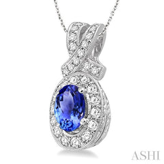 7x5 MM Oval Cut Tanzanite and 5/8 Ctw Round Cut Diamond Precious Pendant in 14K White Gold with chain