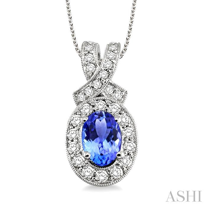 7x5 MM Oval Cut Tanzanite and 5/8 Ctw Round Cut Diamond Precious Pendant in 14K White Gold with chain
