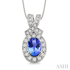 7x5 MM Oval Cut Tanzanite and 5/8 Ctw Round Cut Diamond Precious Pendant in 14K White Gold with chain