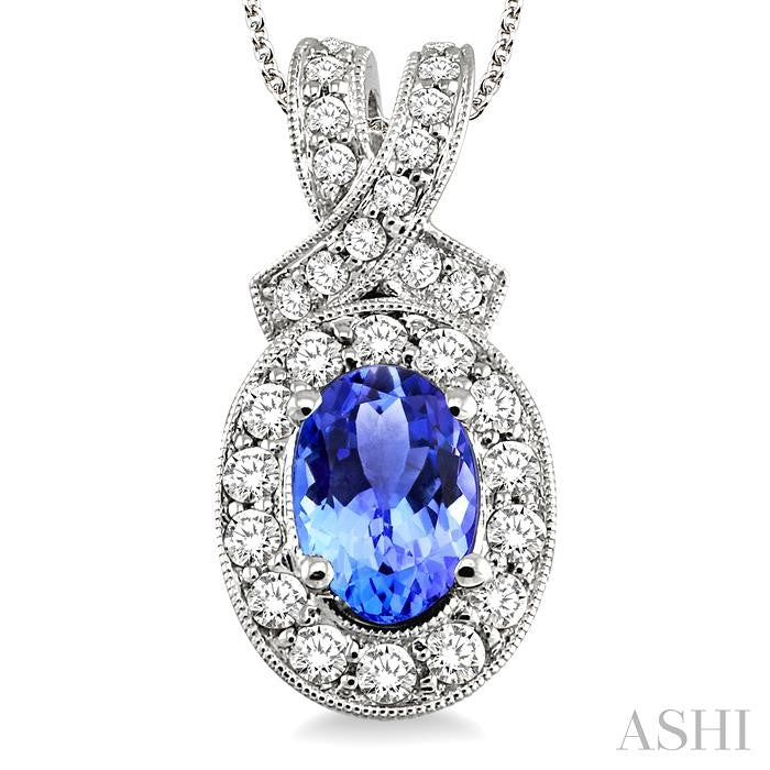 7x5 MM Oval Cut Tanzanite and 5/8 Ctw Round Cut Diamond Precious Pendant in 14K White Gold with chain