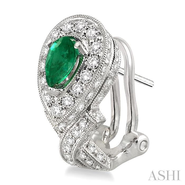 6x4 MM Pear Shape Emerald and 1 Ctw Round Cut Diamond Precious Earrings in 14K White Gold