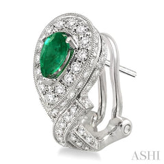 6x4 MM Pear Shape Emerald and 1 Ctw Round Cut Diamond Precious Earrings in 14K White Gold