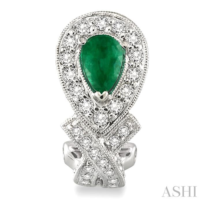 6x4 MM Pear Shape Emerald and 1 Ctw Round Cut Diamond Precious Earrings in 14K White Gold