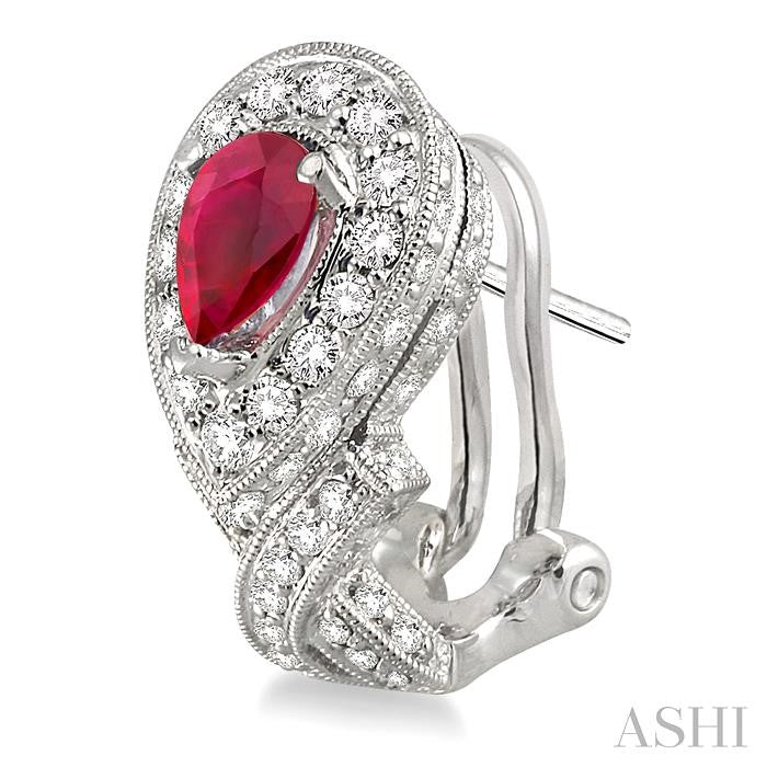 6x4 MM Pear Shape Ruby and 1 Ctw Round Cut Diamond Precious Earrings in 14K White Gold