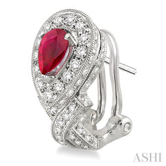 6x4 MM Pear Shape Ruby and 1 Ctw Round Cut Diamond Precious Earrings in 14K White Gold