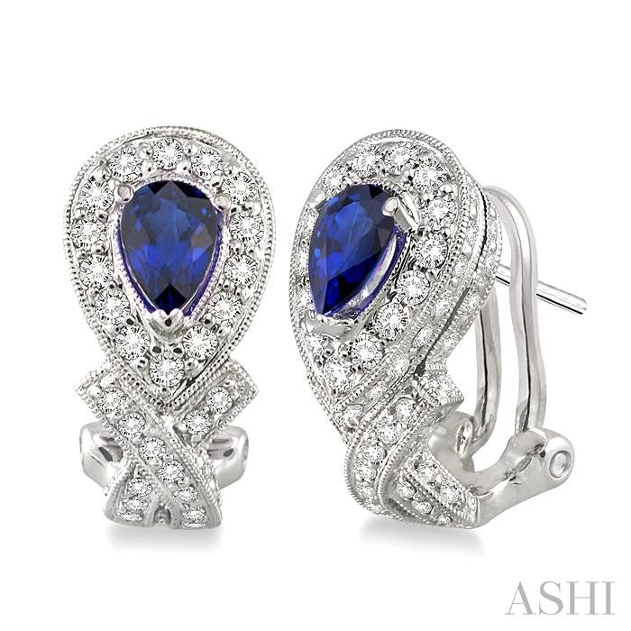6x4 MM Pear Shape Sapphire and 1 Ctw Round Cut Diamond Precious Earrings in 14K White Gold