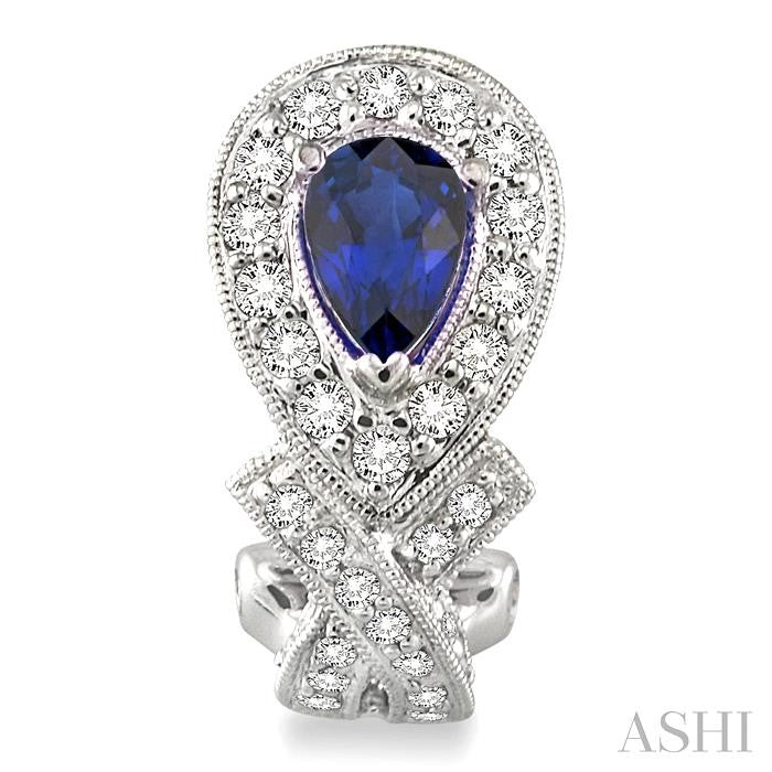 6x4 MM Pear Shape Sapphire and 1 Ctw Round Cut Diamond Precious Earrings in 14K White Gold