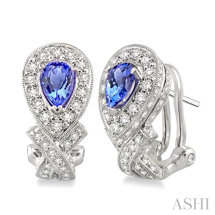 6x4 MM Pear Shape Tanzanite and 1 Ctw Round Cut Diamond Precious Earrings in 14K White Gold