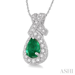 7x5 MM Pear Shape Emerald and 1/2 ctw Round Diamond Precious Pendant in 14K White Gold with chain