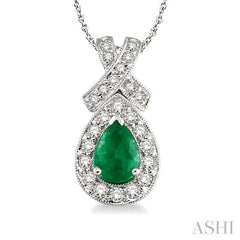 7x5 MM Pear Shape Emerald and 1/2 ctw Round Diamond Precious Pendant in 14K White Gold with chain