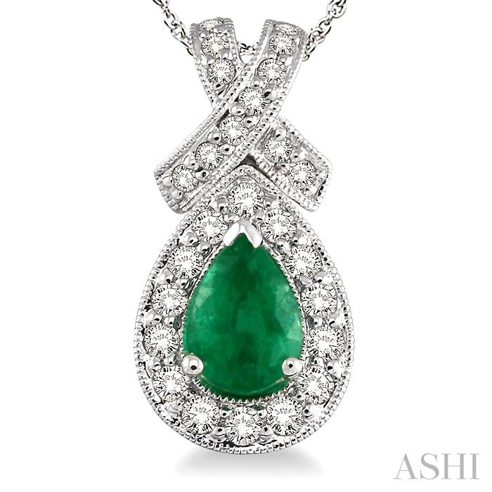 7x5 MM Pear Shape Emerald and 1/2 ctw Round Diamond Precious Pendant in 14K White Gold with chain