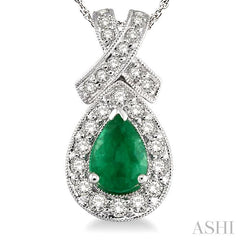 7x5 MM Pear Shape Emerald and 1/2 ctw Round Diamond Precious Pendant in 14K White Gold with chain