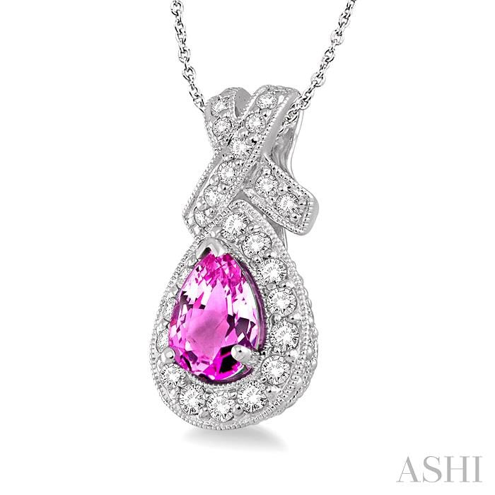 7x5 MM Pear Shape Pink Sapphire and 1/2 ctw Round Diamond Precious Pendant in 14K White Gold with chain