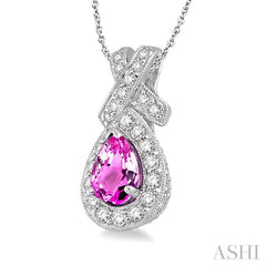 7x5 MM Pear Shape Pink Sapphire and 1/2 ctw Round Diamond Precious Pendant in 14K White Gold with chain