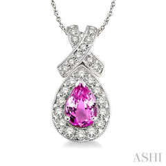 7x5 MM Pear Shape Pink Sapphire and 1/2 ctw Round Diamond Precious Pendant in 14K White Gold with chain