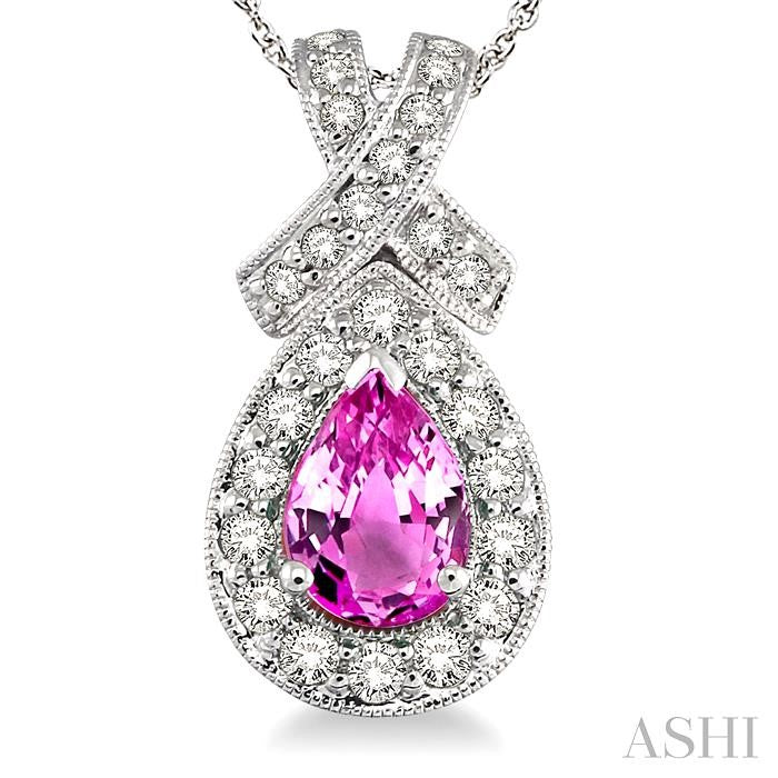 7x5 MM Pear Shape Pink Sapphire and 1/2 Ctw Round Diamond Precious Pendant in 14K White Gold with chain