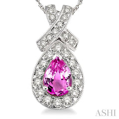 7x5 MM Pear Shape Pink Sapphire and 1/2 Ctw Round Diamond Precious Pendant in 14K White Gold with chain