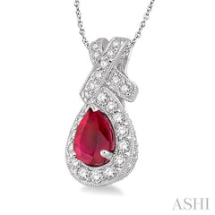 7x5 MM Pear Shape Ruby and 1/2 ctw Round Diamond Precious Pendant in 14K White Gold with chain