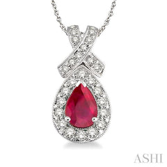 7x5 MM Pear Shape Ruby and 1/2 ctw Round Diamond Precious Pendant in 14K White Gold with chain