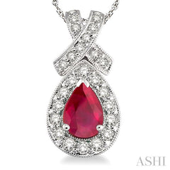 7x5 MM Pear Shape Ruby and 1/2 Ctw Round Diamond Precious Pendant in 14K White Gold with chain