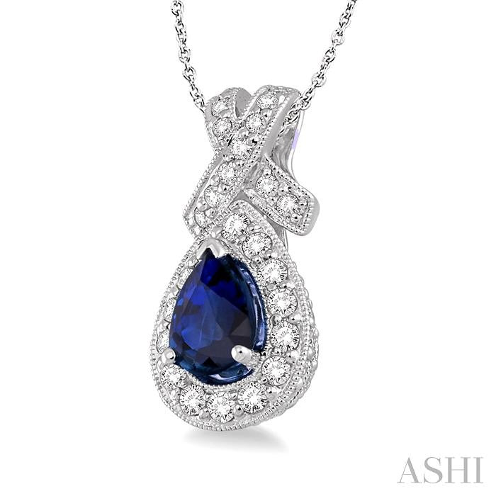 7x5 MM Pear Shape Sapphire and 1/2 Ctw Round Diamond Precious Pendant in 14K White Gold with chain