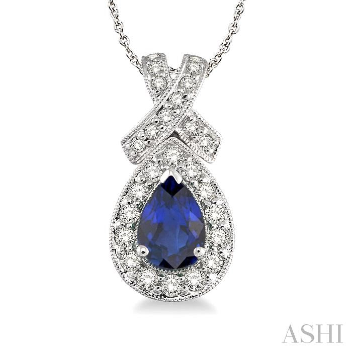 7x5 MM Pear Shape Sapphire and 1/2 ctw Round Diamond Precious Pendant in 14K White Gold with chain