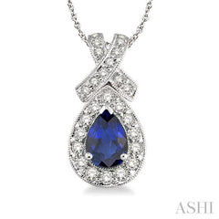7x5 MM Pear Shape Sapphire and 1/2 ctw Round Diamond Precious Pendant in 14K White Gold with chain