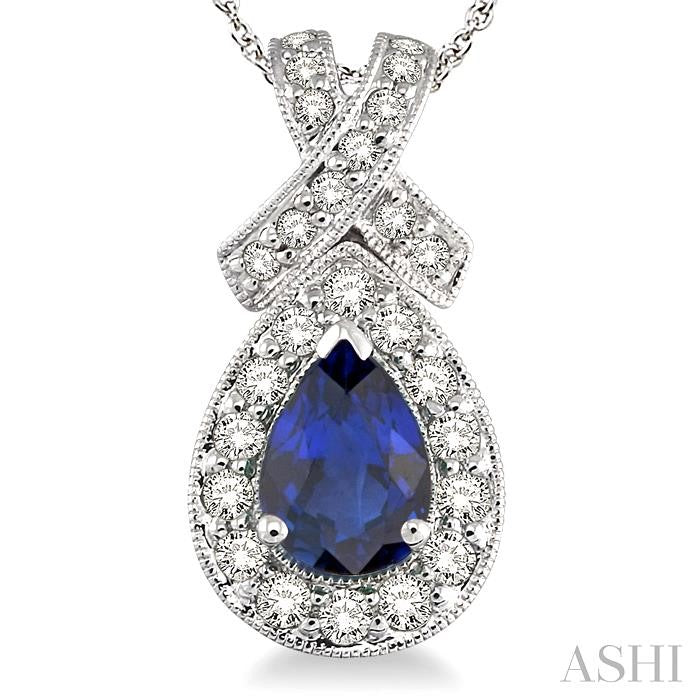 7x5 MM Pear Shape Sapphire and 1/2 ctw Round Diamond Precious Pendant in 14K White Gold with chain
