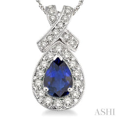 7x5 MM Pear Shape Sapphire and 1/2 ctw Round Diamond Precious Pendant in 14K White Gold with chain