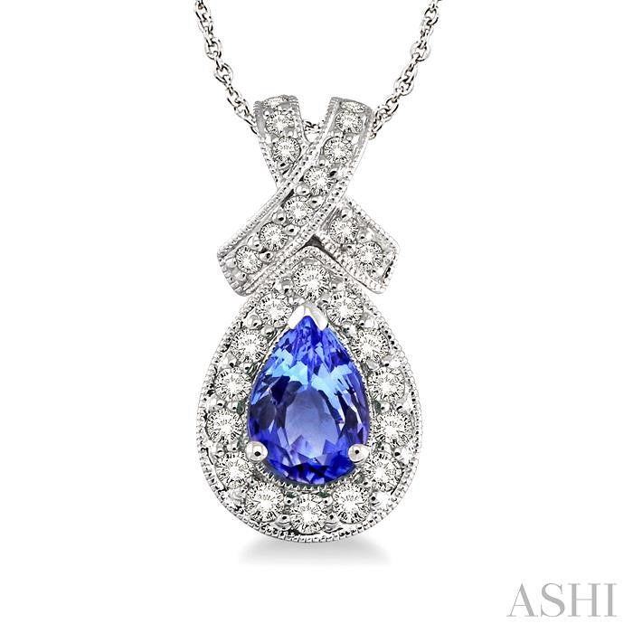 7x5 MM Pear Shape Tanzanite and 1/2 Ctw Round Diamond Precious Pendant in 14K White Gold with chain