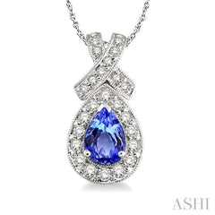 7x5 MM Pear Shape Tanzanite and 1/2 ctw Round Diamond Precious Pendant in 14K White Gold with chain