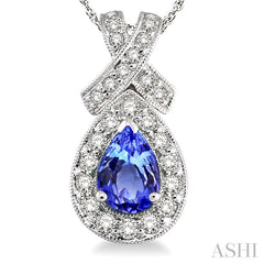 7x5 MM Pear Shape Tanzanite and 1/2 ctw Round Diamond Precious Pendant in 14K White Gold with chain