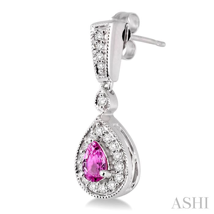 5x3 MM Pear Shape Pink Sapphire and 1/3 Ctw Round Cut Diamond Earrings in 14K White Gold