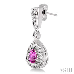 5x3 MM Pear Shape Pink Sapphire and 1/3 Ctw Round Cut Diamond Earrings in 14K White Gold