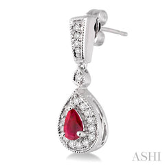 5x3 MM Pear Shape Ruby and 1/3 Ctw Round Cut Diamond Earrings in 14K White Gold