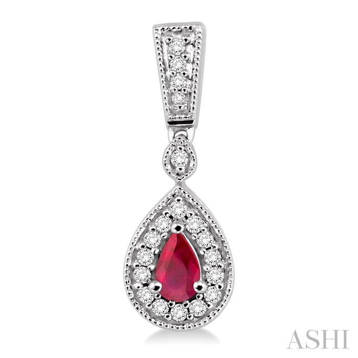 5x3 MM Pear Shape Ruby and 1/3 Ctw Round Cut Diamond Earrings in 14K White Gold