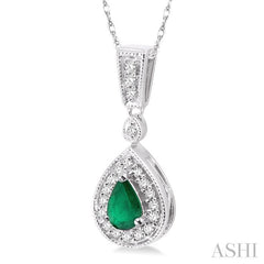 6x4 MM Pear Shape Emerald and 1/6 ctw Round Cut Diamond Pendant in 14K White Gold with Chain