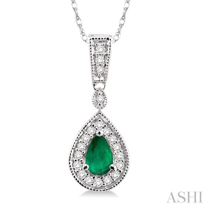 6x4 MM Pear Shape Emerald and 1/6 Ctw Round Cut Diamond Pendant in 14K White Gold with Chain