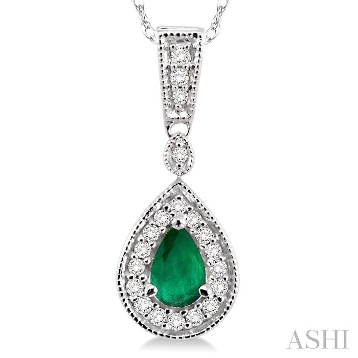 6x4 MM Pear Shape Emerald and 1/6 Ctw Round Cut Diamond Pendant in 14K White Gold with Chain