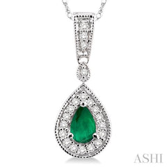 6x4 MM Pear Shape Emerald and 1/6 Ctw Round Cut Diamond Pendant in 14K White Gold with Chain