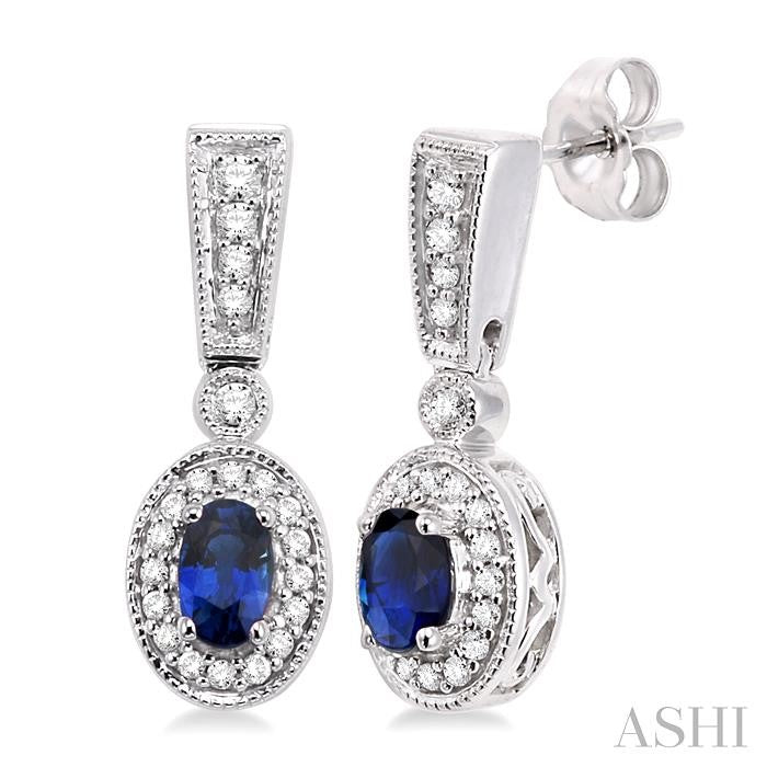 5x3 MM Oval Cut Sapphire and 1/3 Ctw Round Cut Diamond Earrings in 14K White Gold
