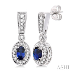 5x3 MM Oval Cut Sapphire and 1/3 Ctw Round Cut Diamond Earrings in 14K White Gold