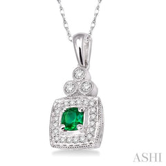 4x4 MM Cushion Shape Emerald and 1/5 ctw Round Cut Diamond Pendant in 14K White Gold with Chain