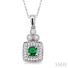 4x4 MM Cushion Shape Emerald and 1/5 ctw Round Cut Diamond Pendant in 14K White Gold with Chain