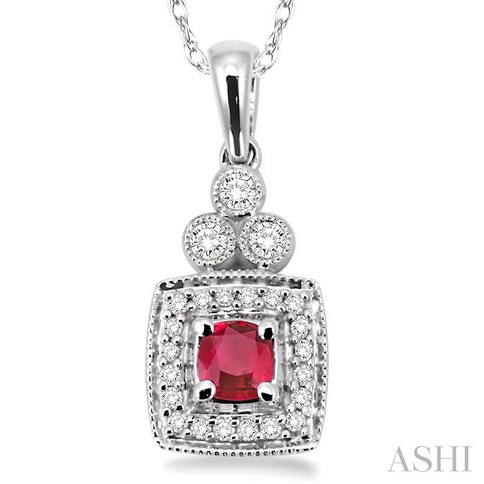 4x4 MM Cushion Shape Ruby and 1/5 ctw Round Cut Diamond Pendant in 14K White Gold with Chain