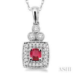 4x4 MM Cushion Shape Ruby and 1/5 ctw Round Cut Diamond Pendant in 14K White Gold with Chain