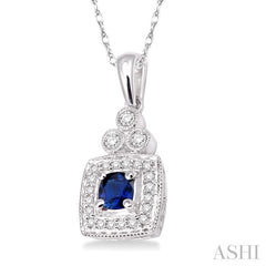 4x4 MM Cushion Shape Sapphire and 1/5 ctw Round Cut Diamond Pendant in 14K White Gold with Chain