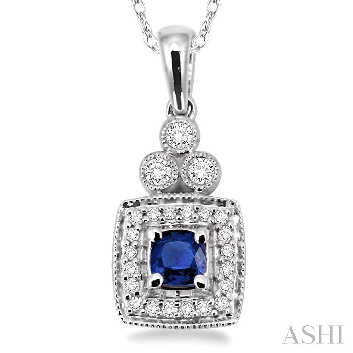 4x4 MM Cushion Shape Sapphire and 1/5 Ctw Round Cut Diamond Pendant in 14K White Gold with Chain